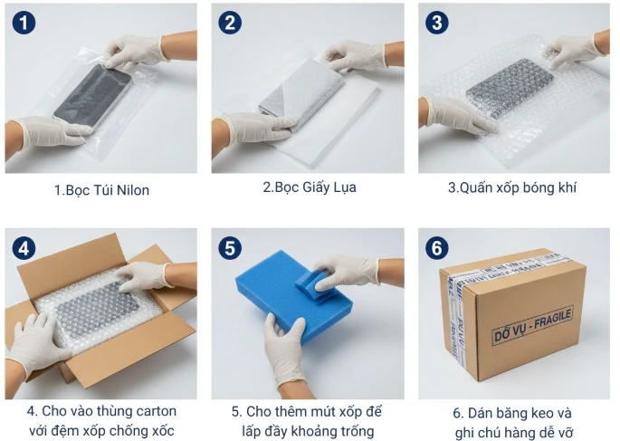 Sáu bước bọc hàng dễ vỡ đúng cách: bọc túi nilon, bọc giấy lụa, quấn bóng khí, cho vào thùng có đệm, chèn mút xốp và dán nhãn dễ vỡ