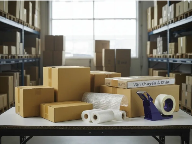 Bộ vật liệu đóng gói hàng hóa: thùng carton, cuộn bóng khí, màng PE và súng bắn băng keo trên bàn tại kho Vận Chuyển Á Châu