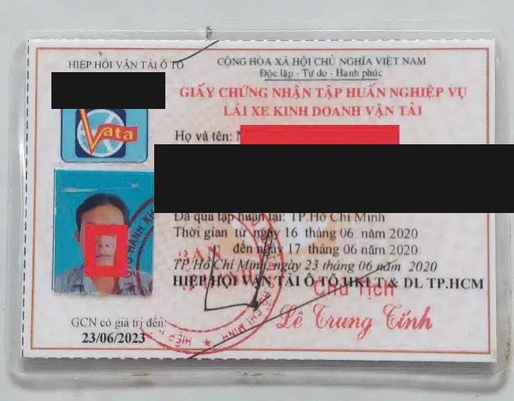 Giấy chứng nhận tập huấn nghiệp vụ lái xe kinh doanh vận tải, đã che thông tin cá nhân